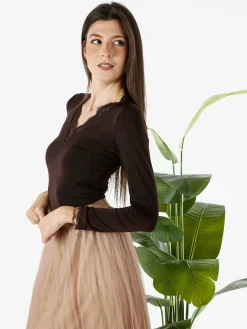 Hdl Milano Top donna a maniche lunghe con dettagli di pizzo - moro