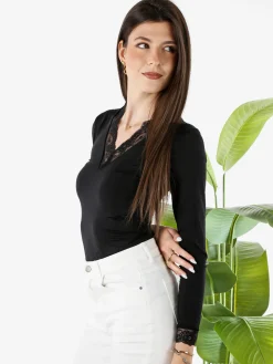 Hdl Milano Top donna a maniche lunghe con dettagli di pizzo - nero