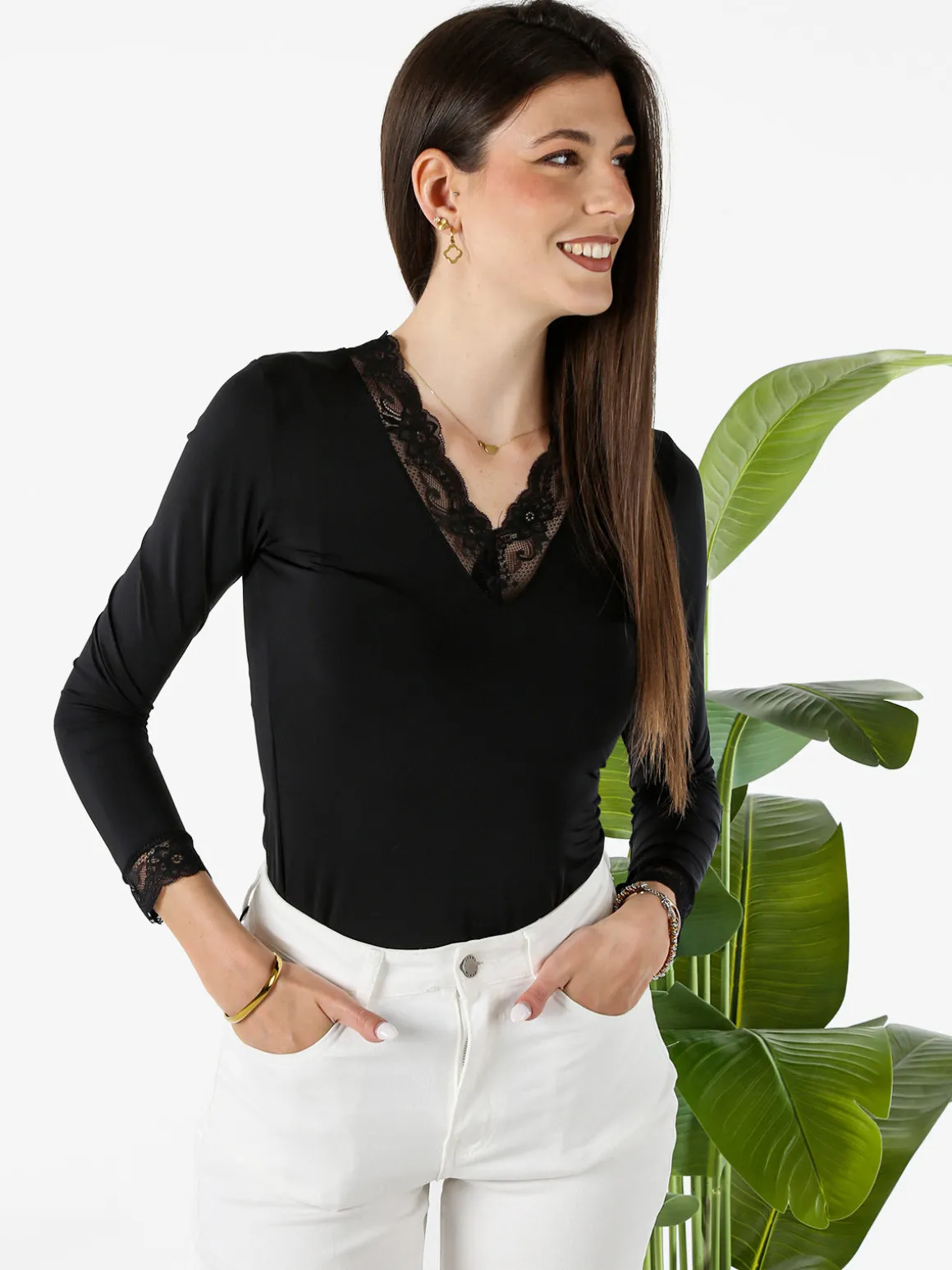 Hdl Milano Top donna a maniche lunghe con dettagli di pizzo - nero