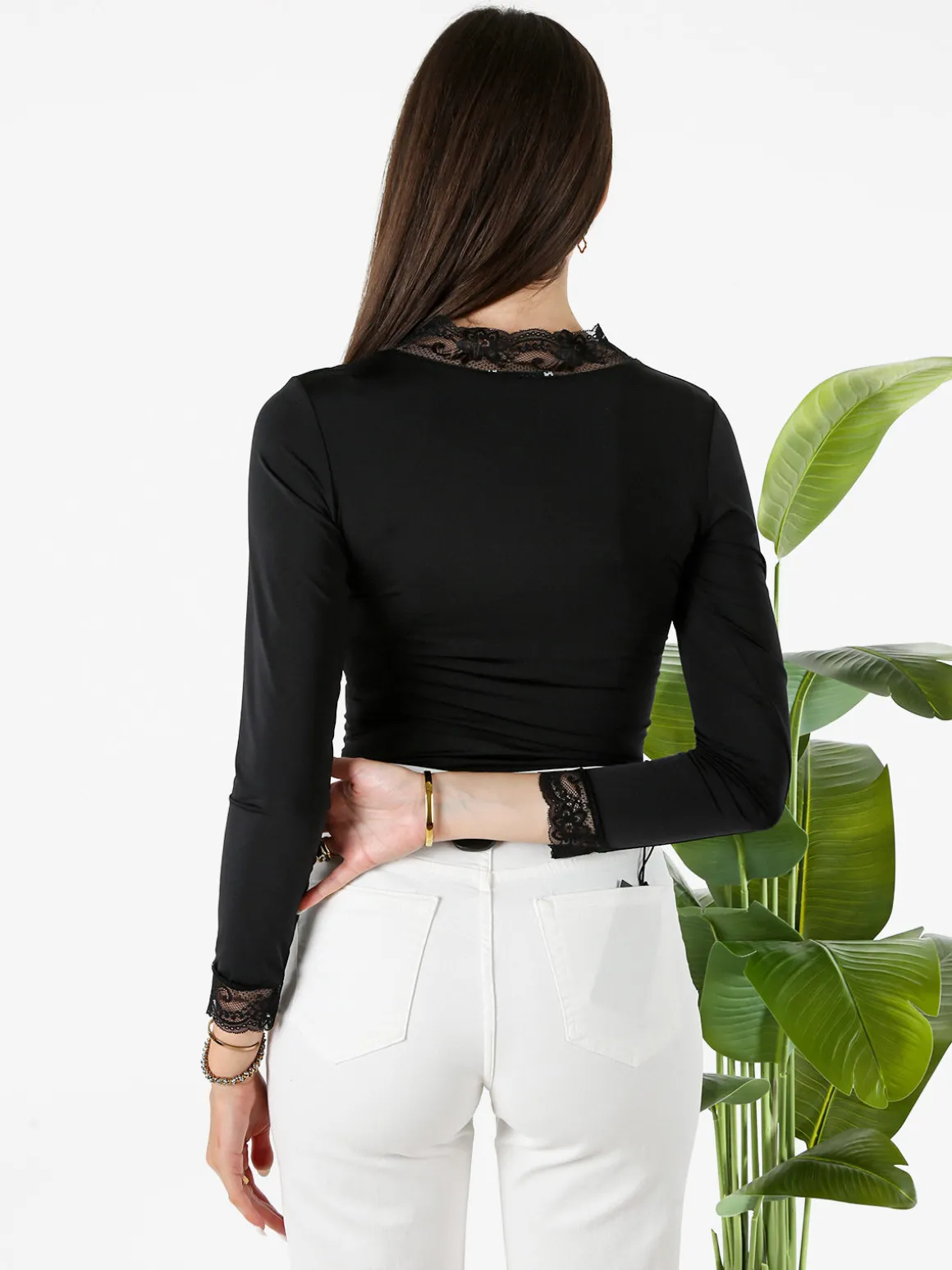 Hdl Milano Top donna a maniche lunghe con dettagli di pizzo - nero