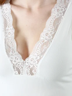 Hdl Milano Top donna con scollo a V e pizzo - bianco