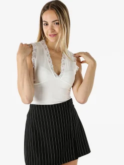 Hdl Milano Top donna elasticizzato con dettagli di pizzo - panna