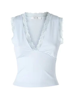 Hdl Milano Top donna elasticizzato con dettagli di pizzo - azzurro