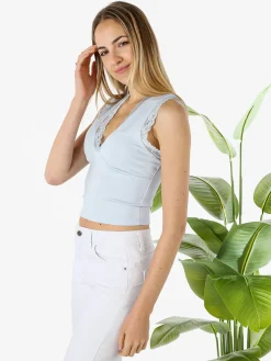 Hdl Milano Top donna elasticizzato con dettagli di pizzo - azzurro