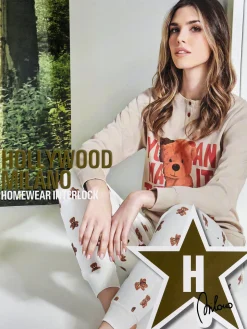 Hollywood Pigiama lungo da donna in cotone interlock con orsacchiotto