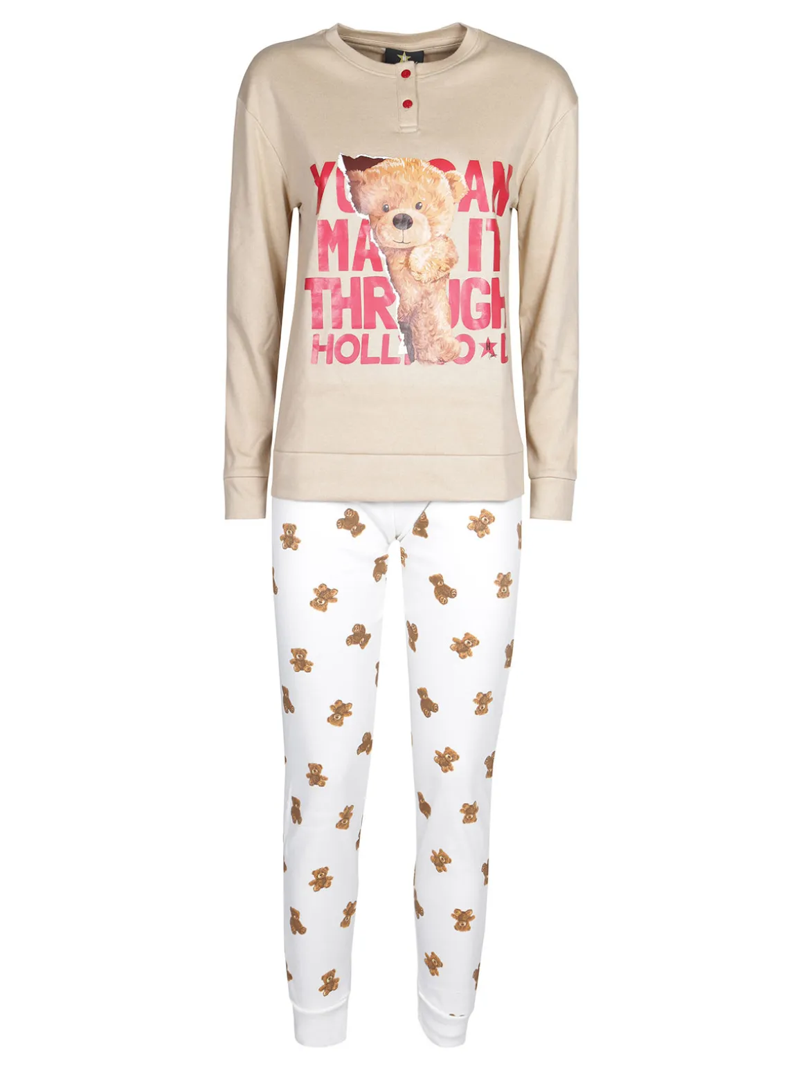 Hollywood Pigiama lungo da donna in cotone interlock con orsacchiotto