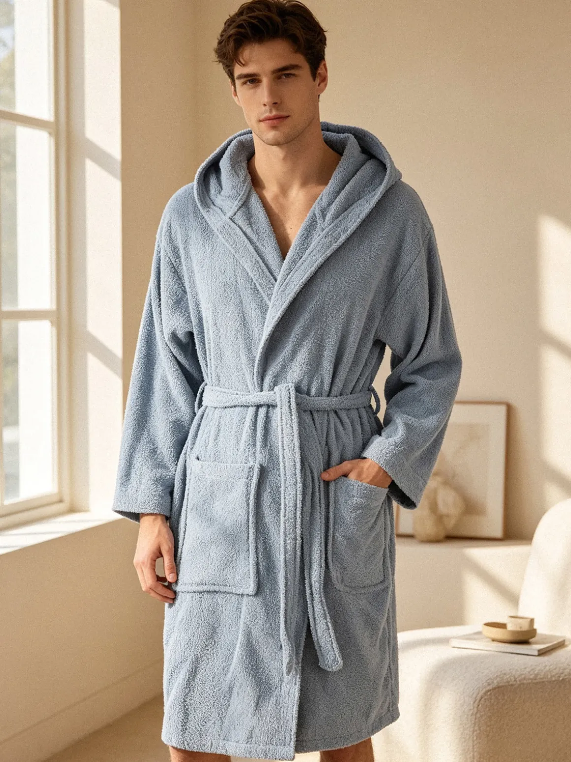 Home Zen Accappatoio unisex in spugna di cotone con cappuccio - azzurro