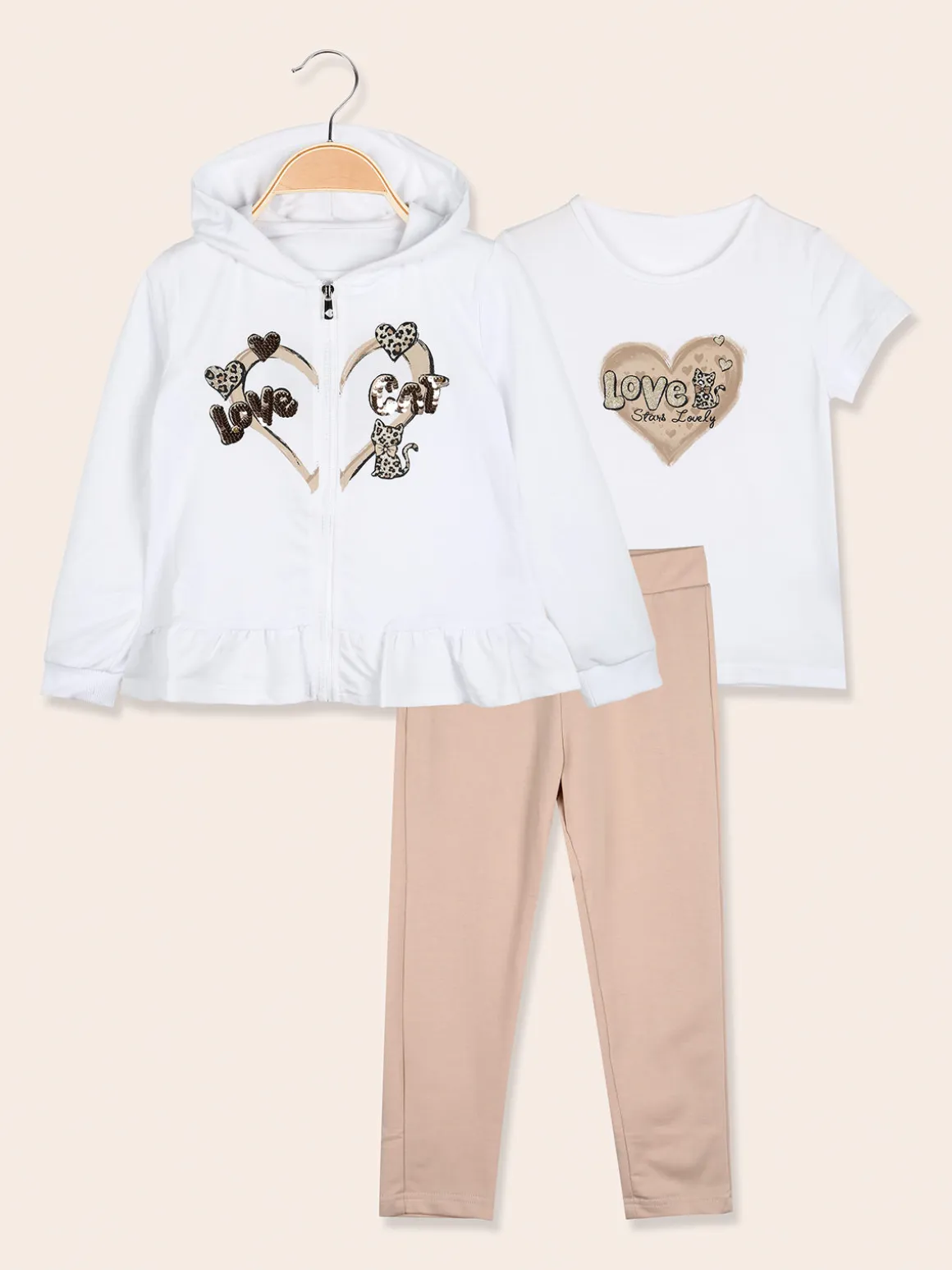 Hope Star Completo 3 pezzi da bambina con cappuccio e zip - bianco