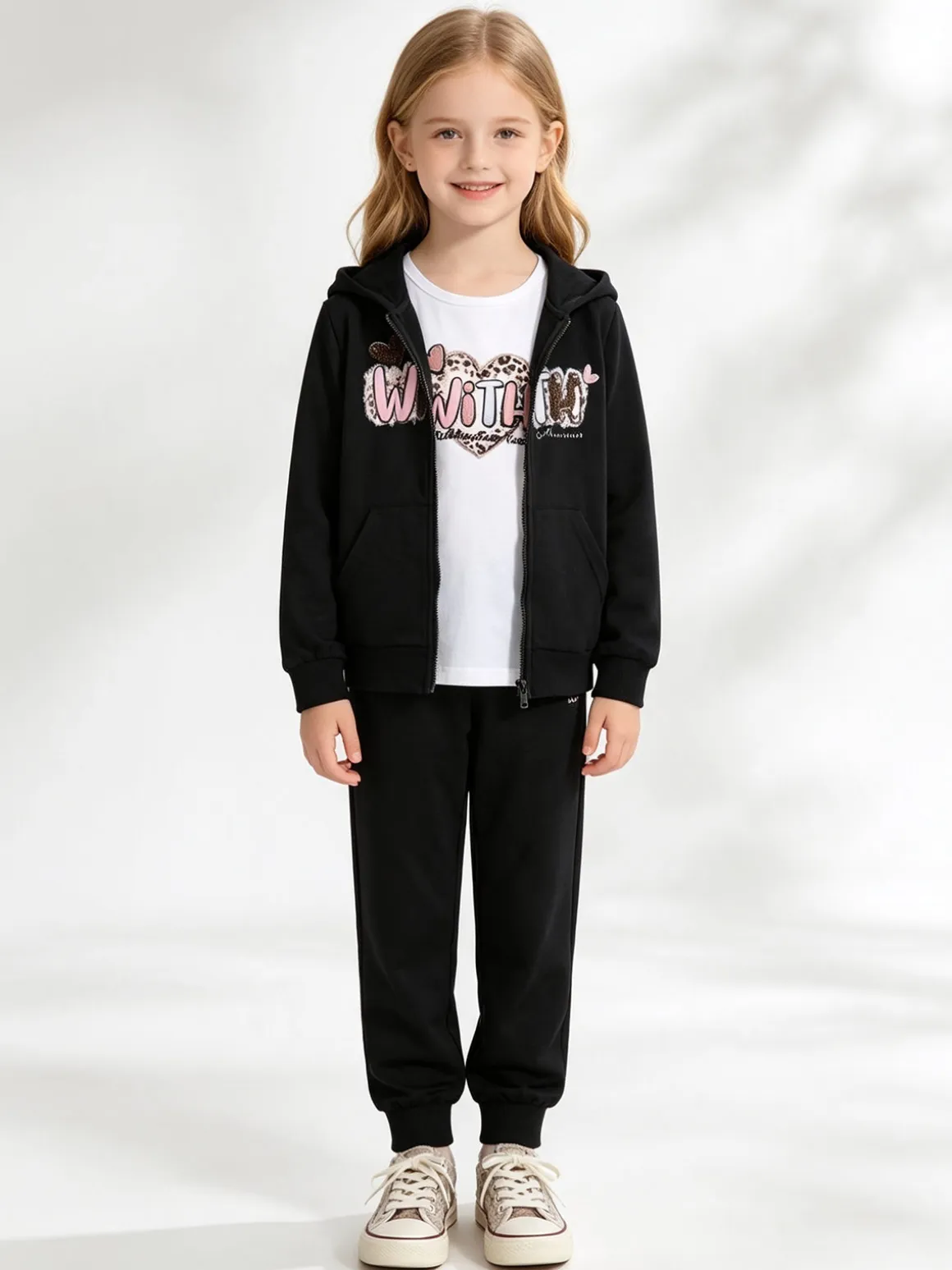 Hope Star Completo tuta da bambina con cappuccio e zip - nero