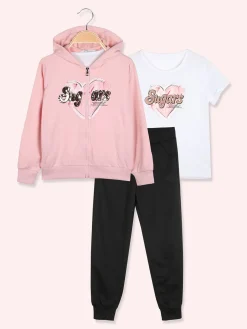 Hope Star Completo tuta da bambina 3 pezzi con paillettes cappuccio e zip - rosa