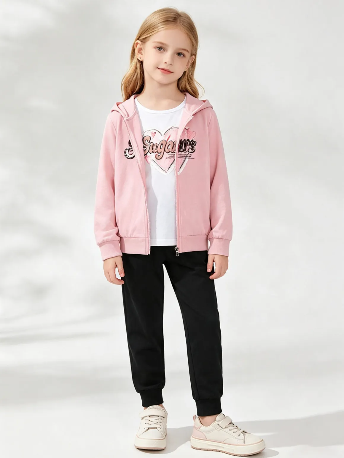 Hope Star Completo tuta da bambina 3 pezzi con paillettes cappuccio e zip - rosa