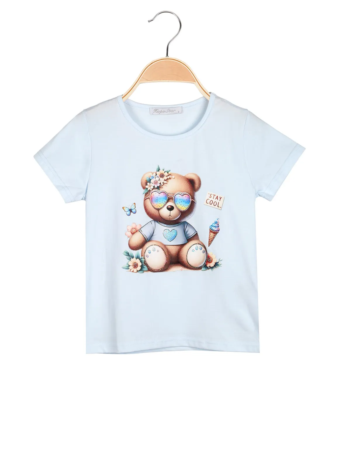 Hope Star T-shirt da bambina in cotone con stampa disegno e strass - azzurro