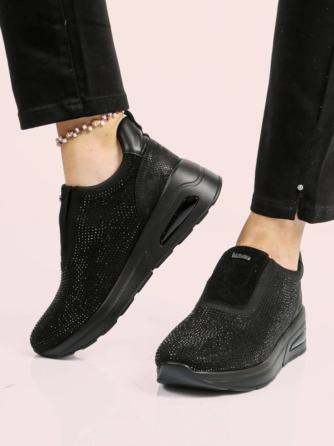 Inblu Sneakers donna slip on con zeppa e strass - nero