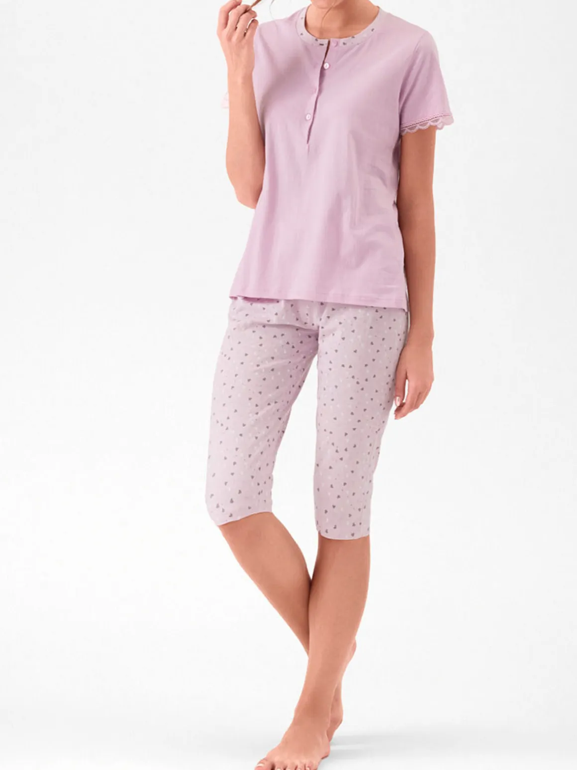 Infiore LOVELY Pigiama donna in cotone con t-shirt e pinocchietti - lilla