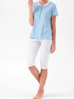 Infiore LOVELY Pigiama donna in cotone con t-shirt e pinocchietti - azzurro