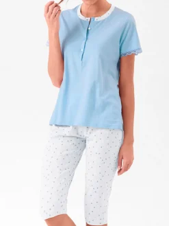Infiore LOVELY Pigiama donna in cotone con t-shirt e pinocchietti taglie grandi - azzurro