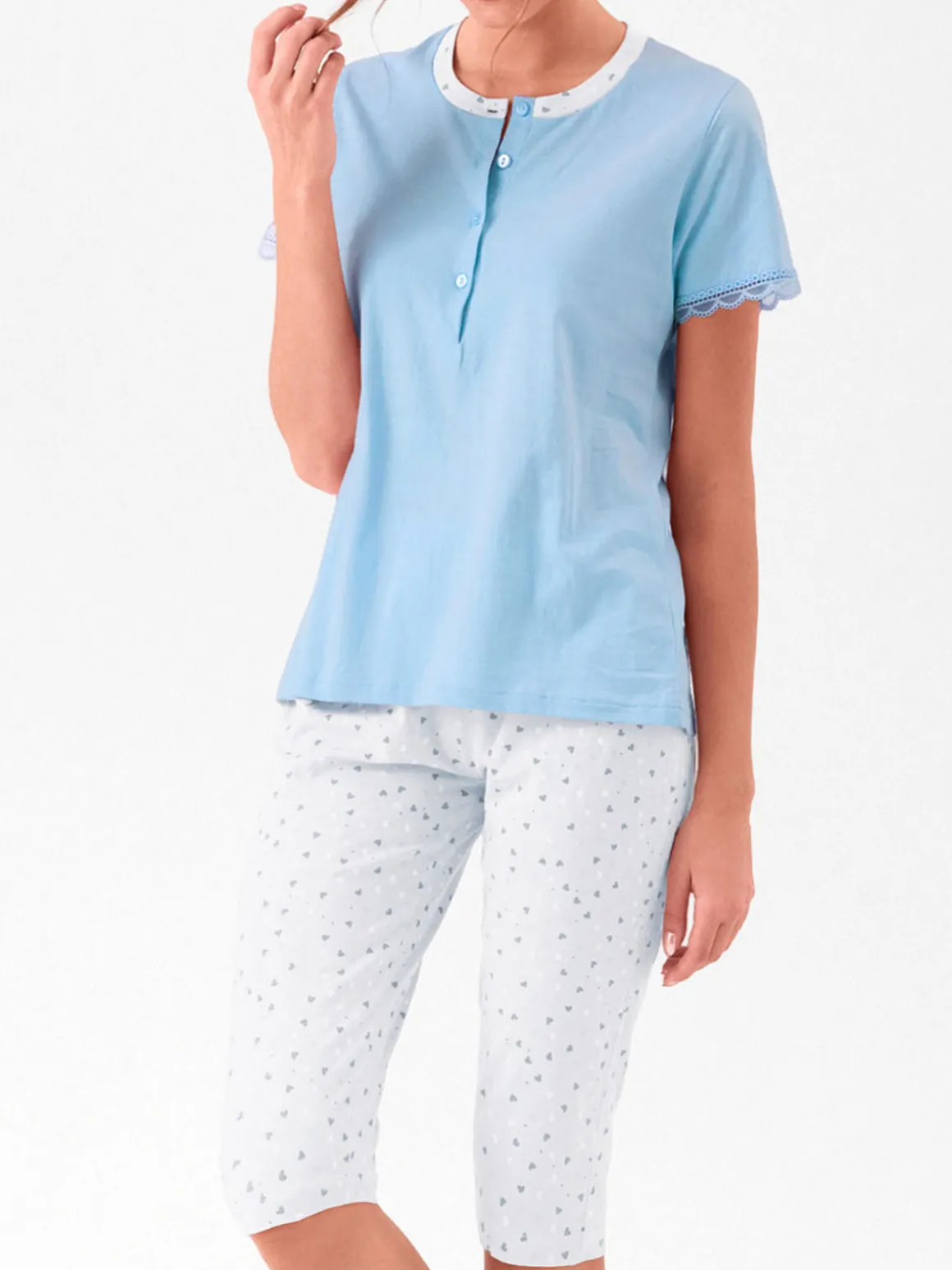 Infiore LOVELY Pigiama donna in cotone con t-shirt e pinocchietti taglie grandi - azzurro