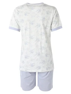 Infiore NUVOLA pigiama in cotone da donna con t-shirt floreale e shorts - azzurro