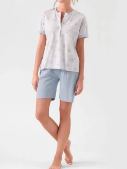 Infiore NUVOLA pigiama in cotone da donna con t-shirt floreale e shorts - azzurro