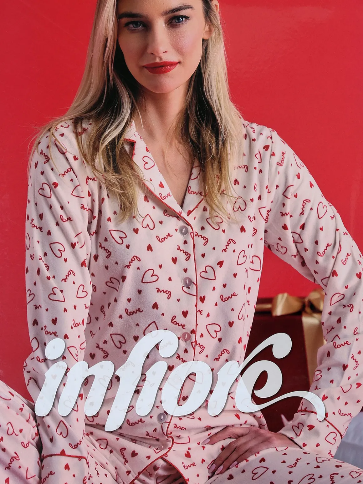 Infiore Pigiama di Natale da donna aperto in microcoral - panna