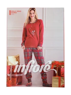 Infiore Pigiama di Natale da donna in cotone interlock - rosso