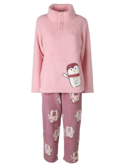 Infiore Pigiama donna in pile soft con stampa pinguini - rosa