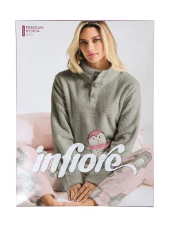 Infiore Pigiama donna in pile soft con stampa pinguini - fango