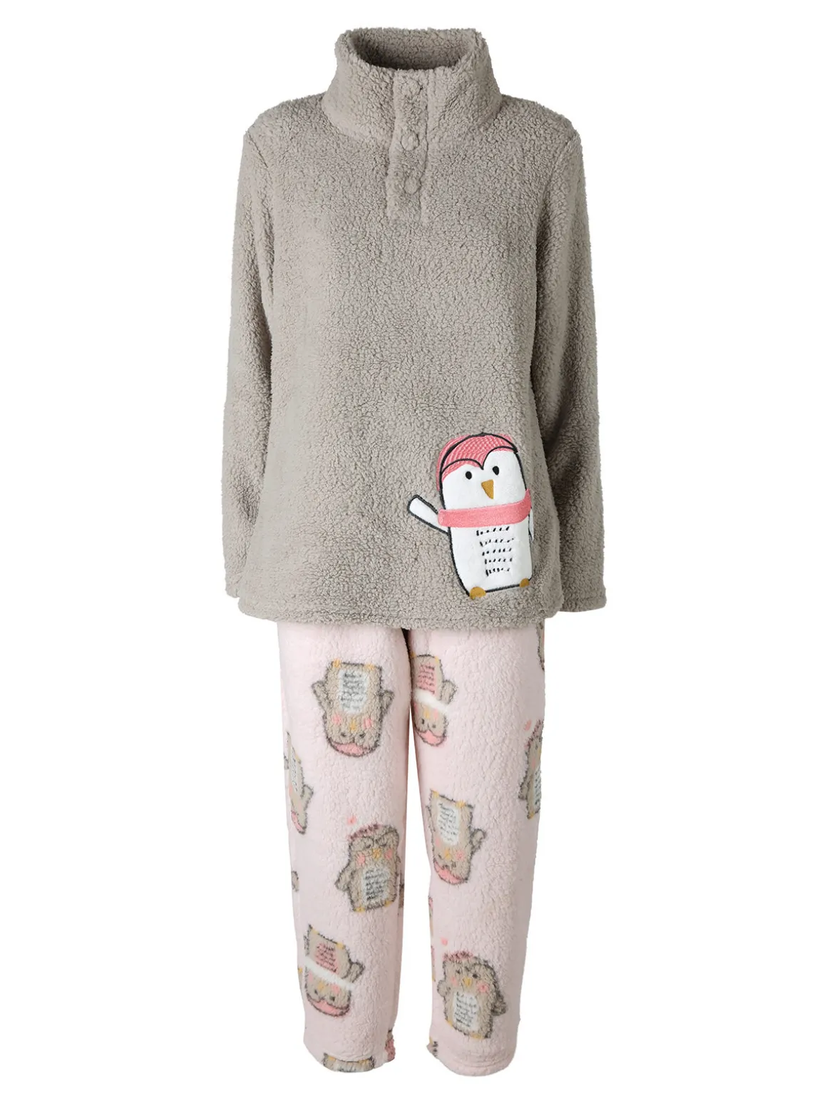 Infiore Pigiama donna in pile soft con stampa pinguini - fango