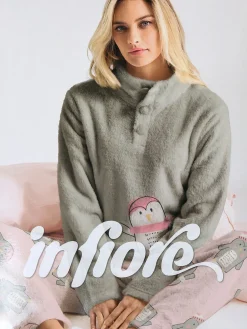 Infiore Pigiama donna in pile soft con stampa pinguini - fango