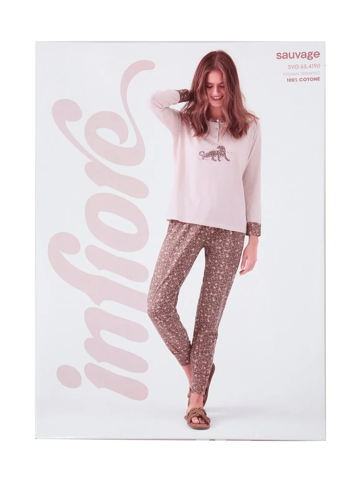 Infiore SAUVAGE Pigiama lungo da donna in cotone con stampa animalier - naturale