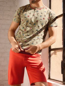 Infioreuomo pigiama corto da uomo in cotone con stampe - oliva