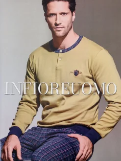 Infioreuomo Pigiama lungo da uomo in cotone interlock - senape