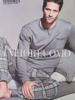 Infioreuomo Pigiama lungo da uomo in cotone con taschino e pantaloni a quadri - grigio