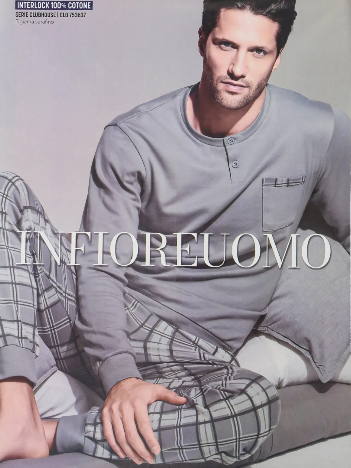 Infioreuomo Pigiama lungo da uomo in cotone con taschino e pantaloni a quadri - grigio