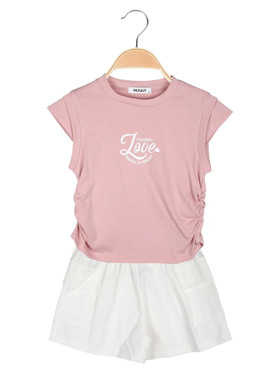 Injuly Completo corto da bambina con t-shirt e shorts con tasconi laterali