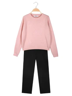 Injuly Completo 2 pezzi da bambina in maglia con ricami - rosa