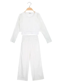 Injuly Completo 3 pezzi da bambina con top traforato e pantaloni misto lino - bianco
