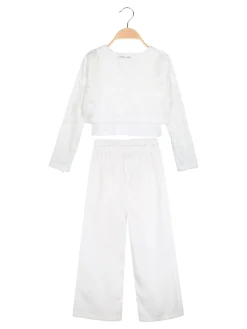 Injuly Completo 3 pezzi da bambina con top traforato e pantaloni misto lino - bianco