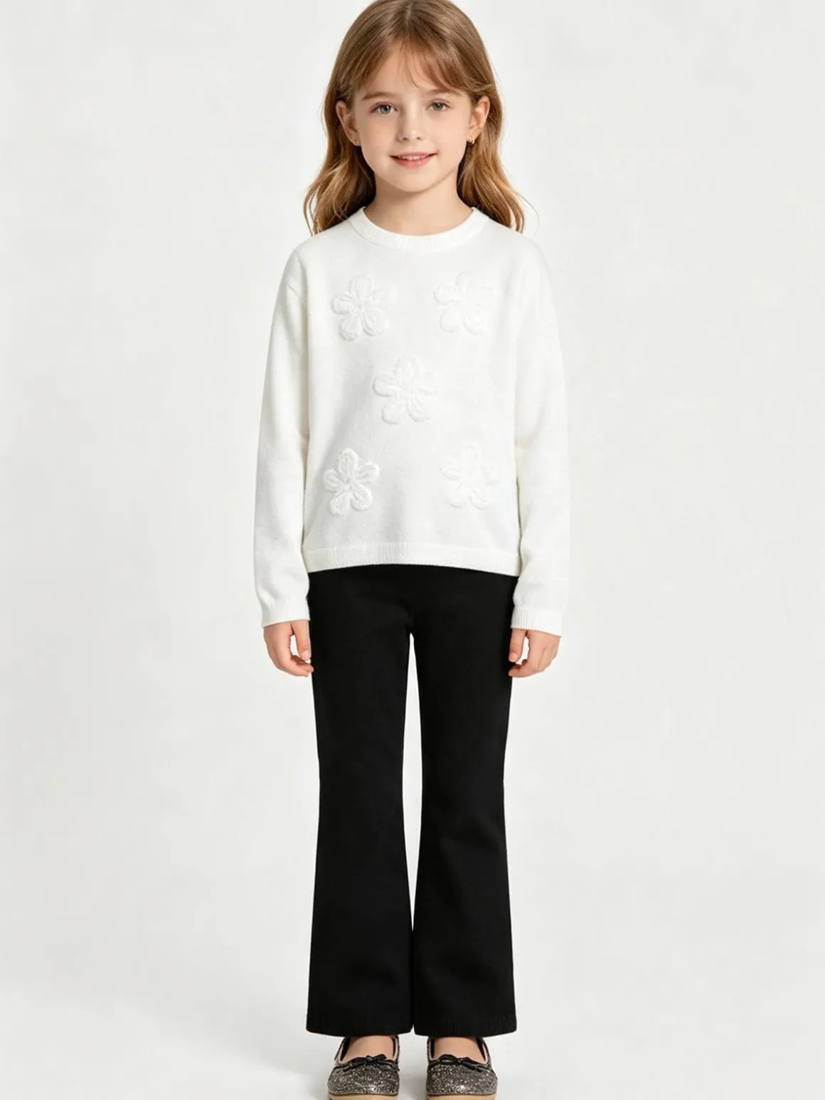 Injuly Completo 2 pezzi da bambina in maglia con ricami - bianco
