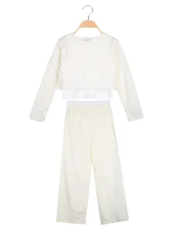 Injuly Completo 3 pezzi da bambina con top traforato e pantaloni misto lino - beige