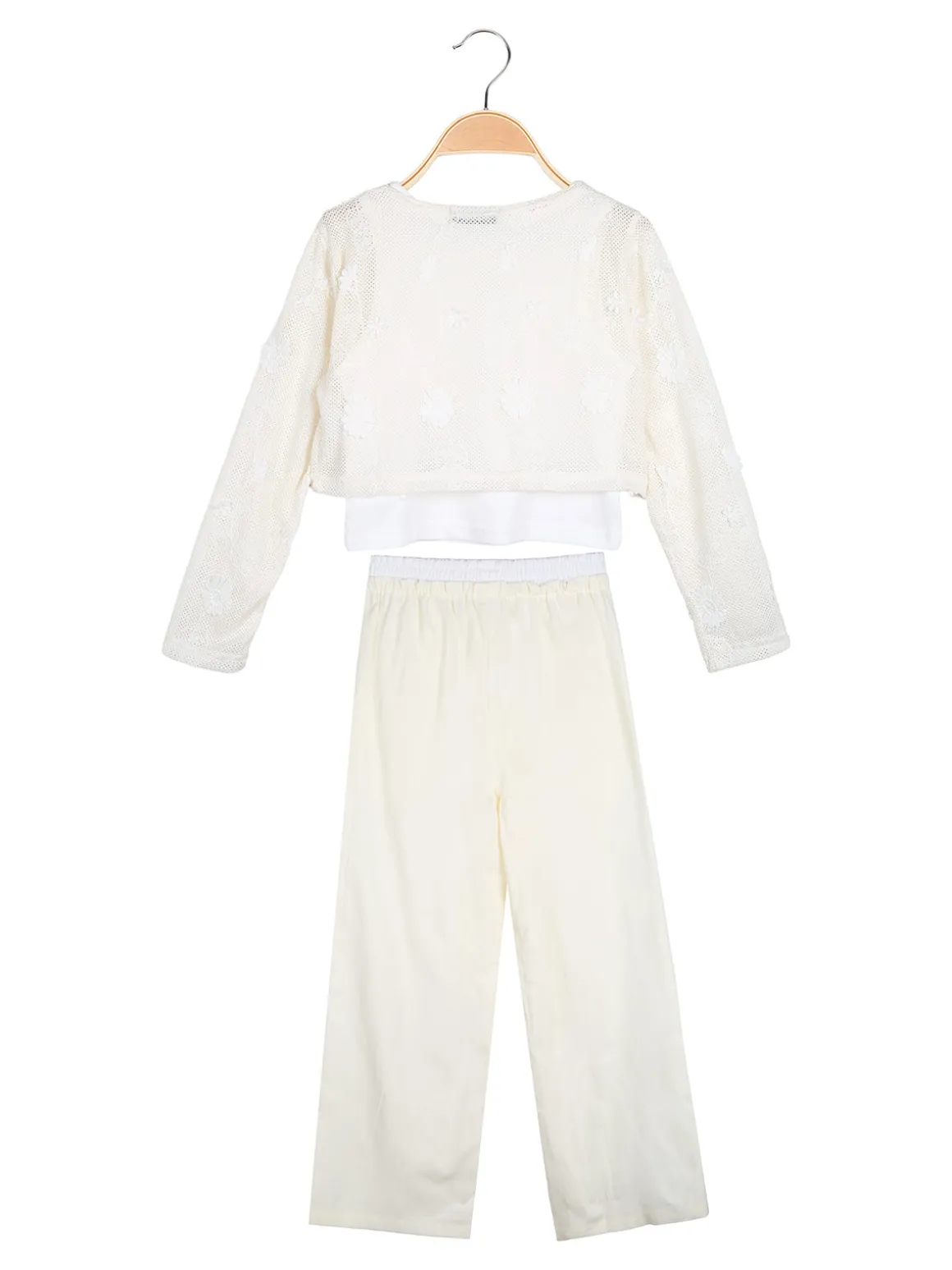 Injuly Completo 3 pezzi da bambina con top traforato e pantaloni misto lino - beige