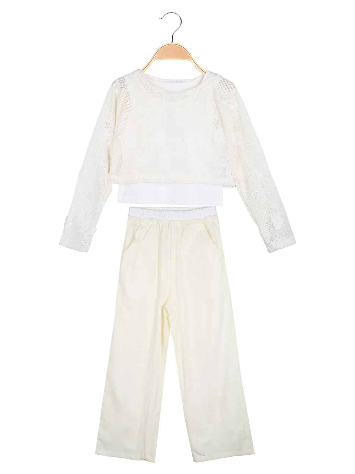 Injuly Completo 3 pezzi da bambina con top traforato e pantaloni misto lino - beige