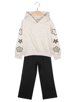 Injuly Completo 2 pezzi da bambina con cappuccio e strass - beige