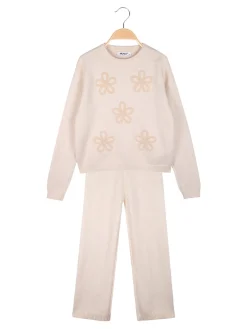 Injuly Completo 2 pezzi da bambina in maglia con ricami - beige