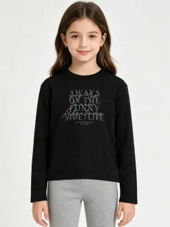 Injuly T-shirt da bambina in cotone a maniche lunghe con stampa - nero