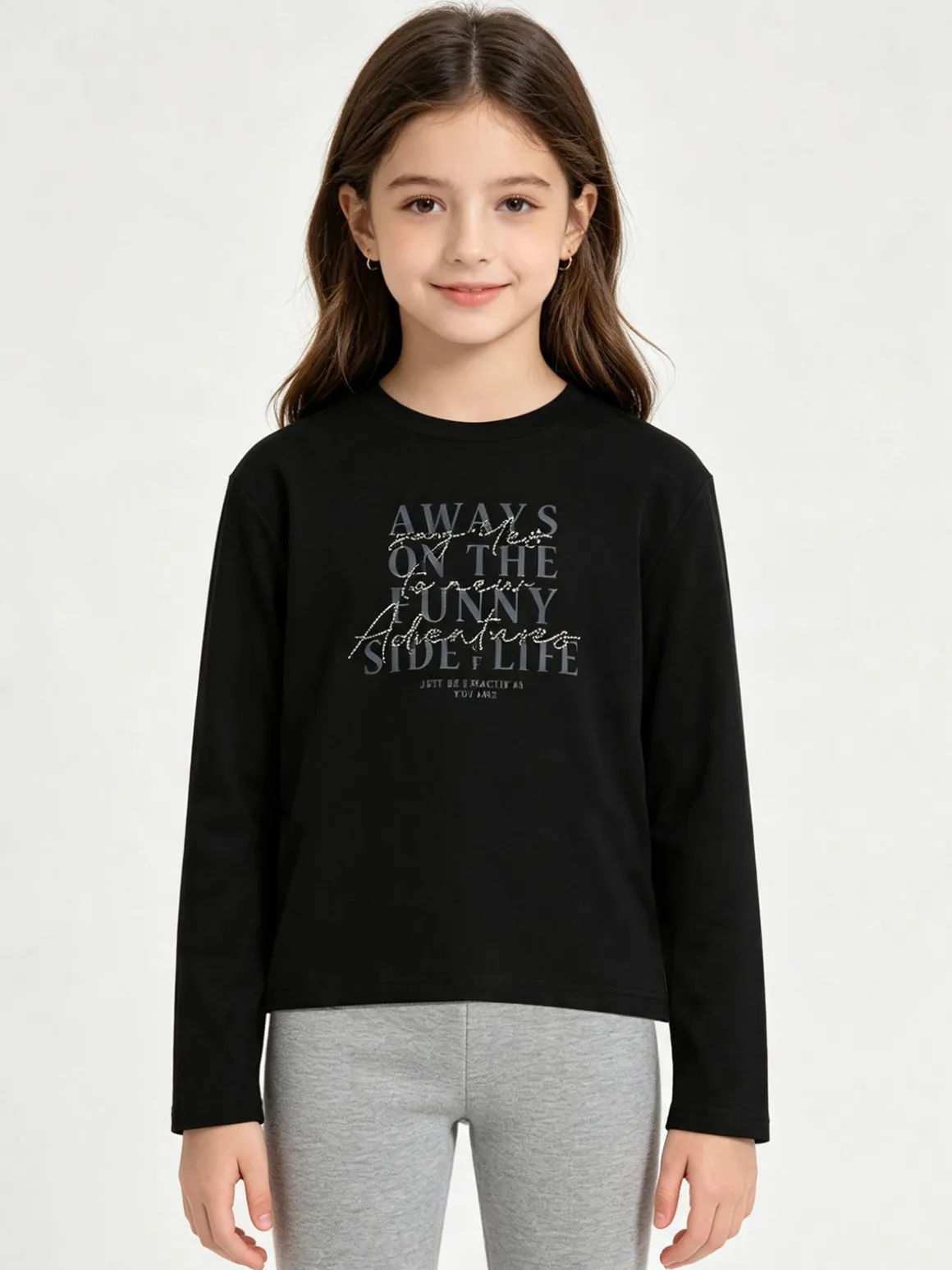 Injuly T-shirt da bambina in cotone a maniche lunghe con stampa - nero