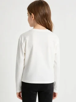 Injuly T-shirt da bambina in cotone a maniche lunghe con stampa - bianco