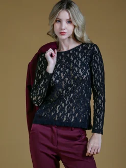 Intimami Top donna a maniche lunghe con pizzo - nero