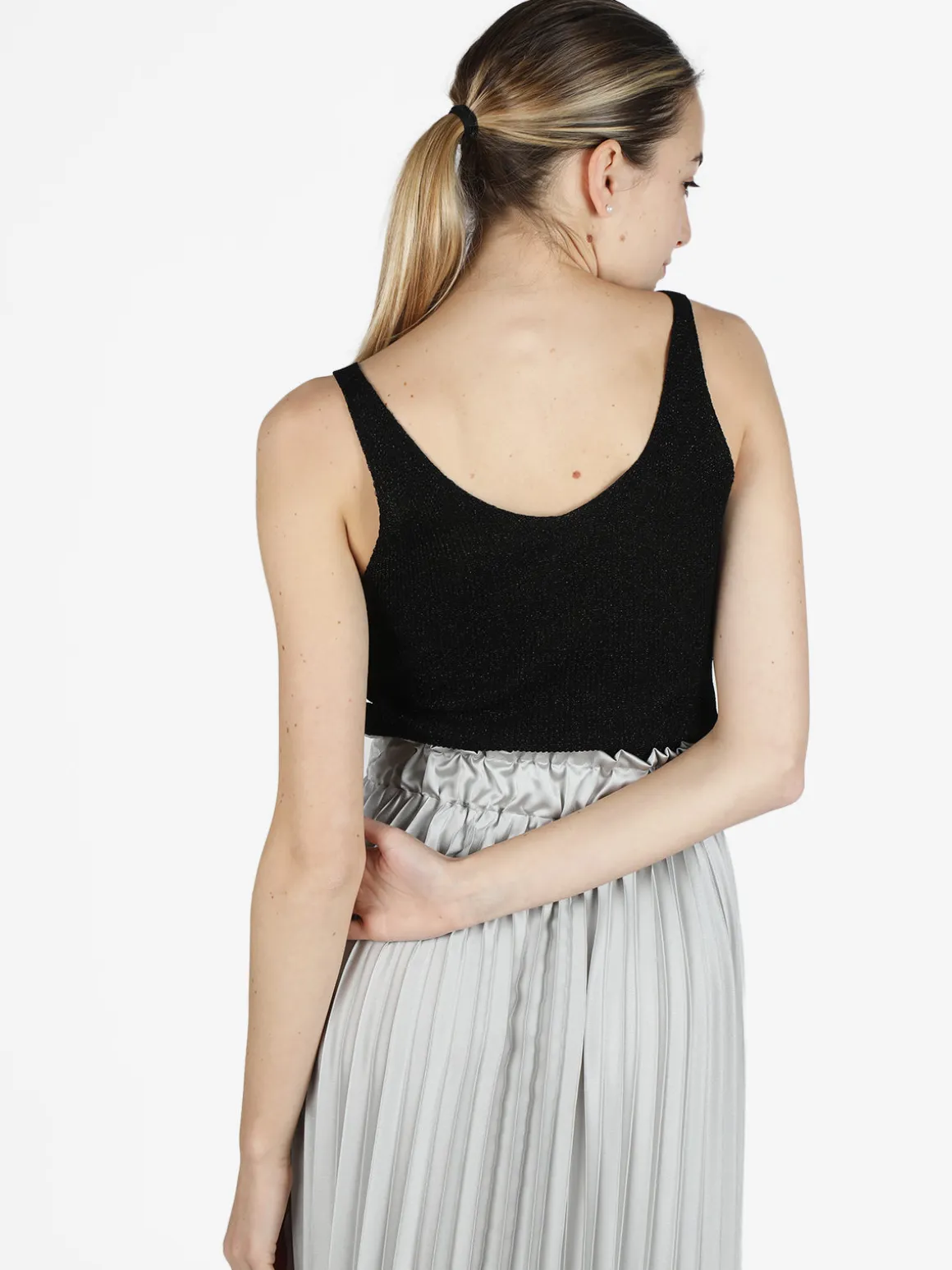 Italy Moda Top donna in lurex a costine scollo V