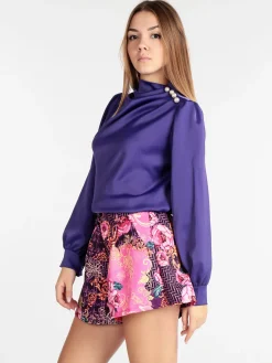 Jack Moda Blusa donna in raso con bottoni a perla